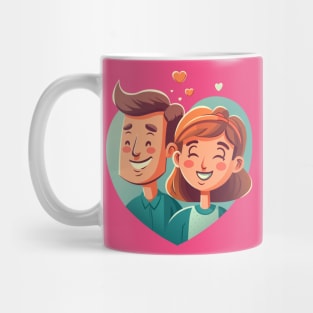 Illustration of a smiling couple in a blue heart on a pink background Mug